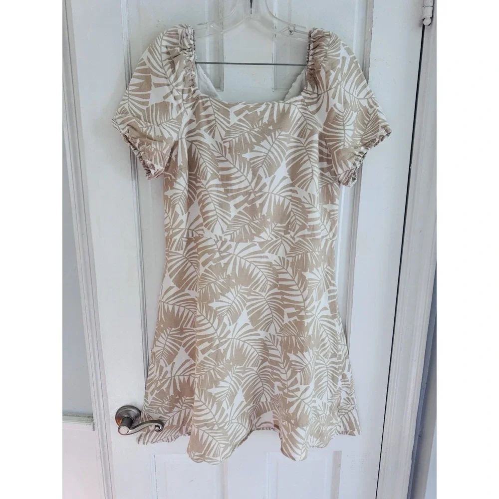 LOFT Palm Print Linen Blend Mini Dress Tropical Coastal Cottagecore‎ Sz 12